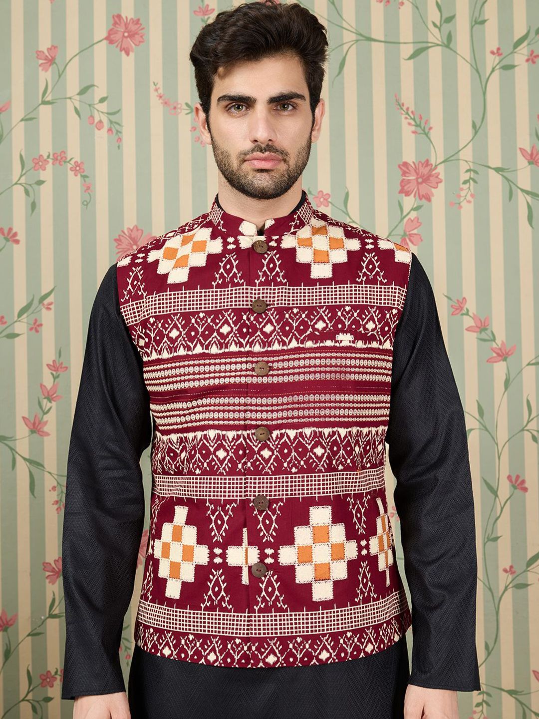 Ode by House of Pataudi Ode by House of Pataudi Printed Pure Cotton Mandarin Collar Nehru Jacket