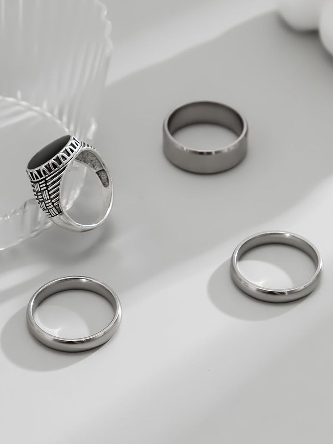 StyleCast x Revolte Men Pack of 4 Silver-Plated Stone Studded Finger Rings
