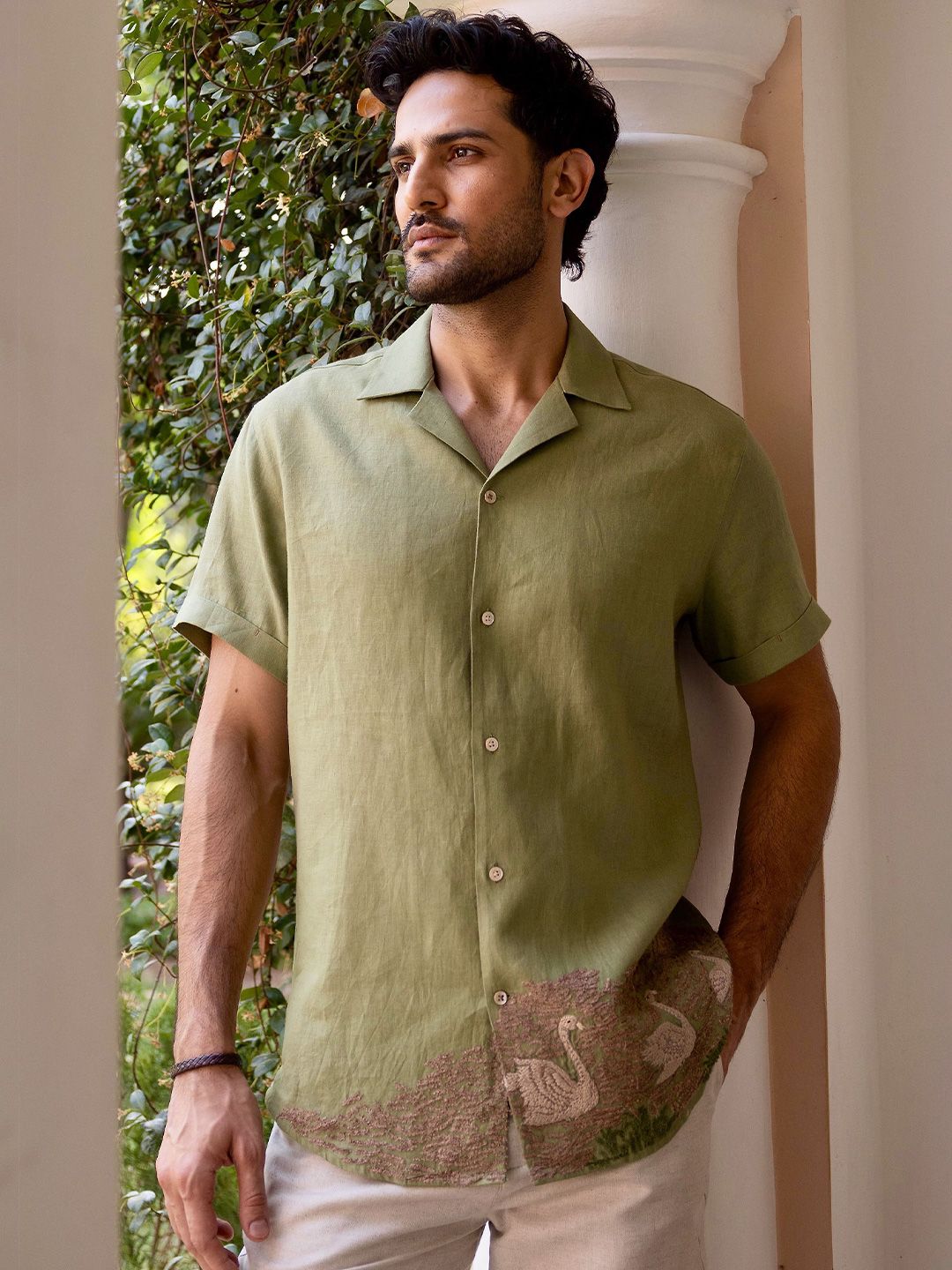 Buy ASUKA Cutaway Collar Embroidered Relaxed Fit Linen Shirt