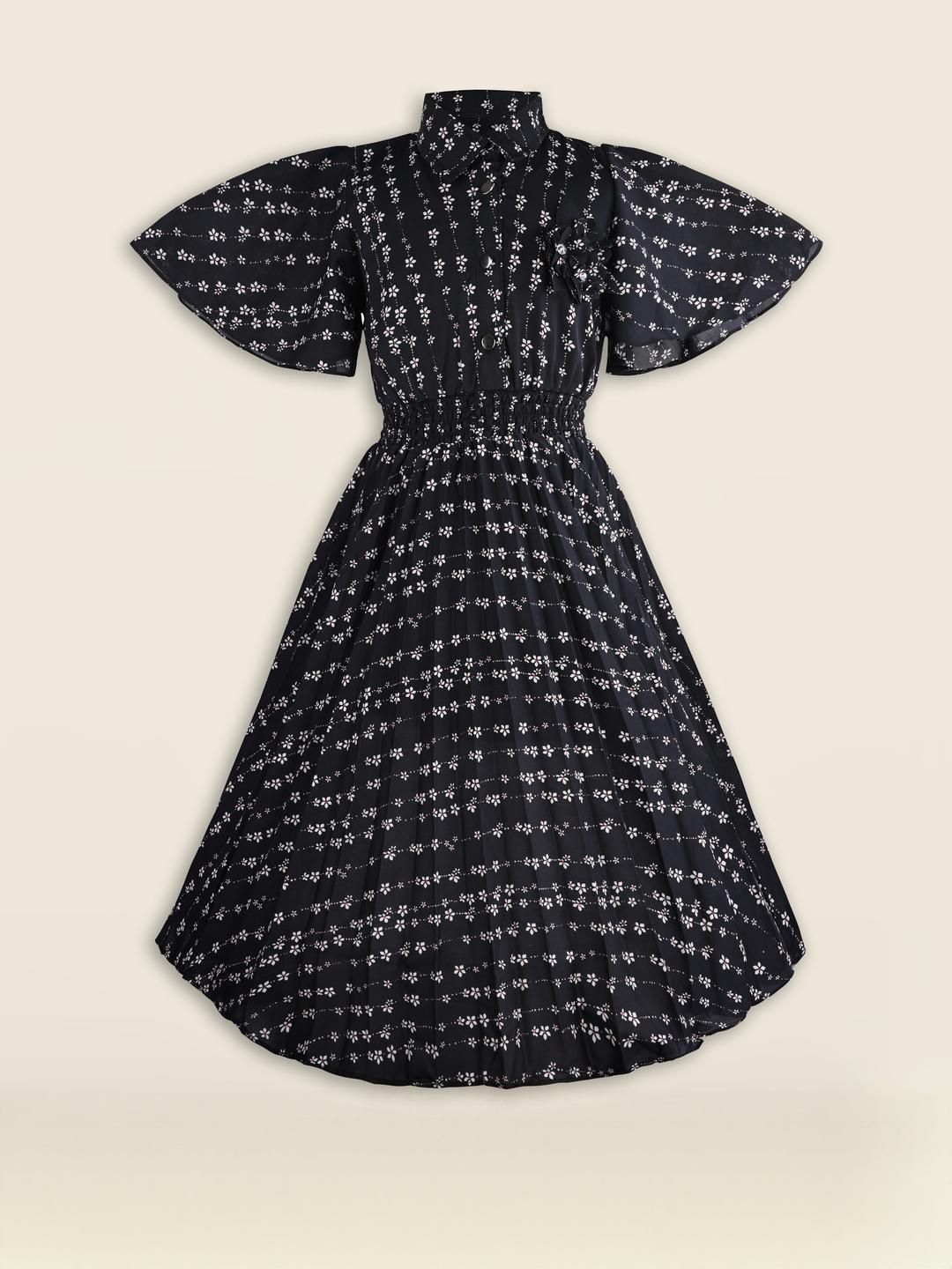 Girls Floral Print Flutter Sleeve Fit and Flare Frock Dress