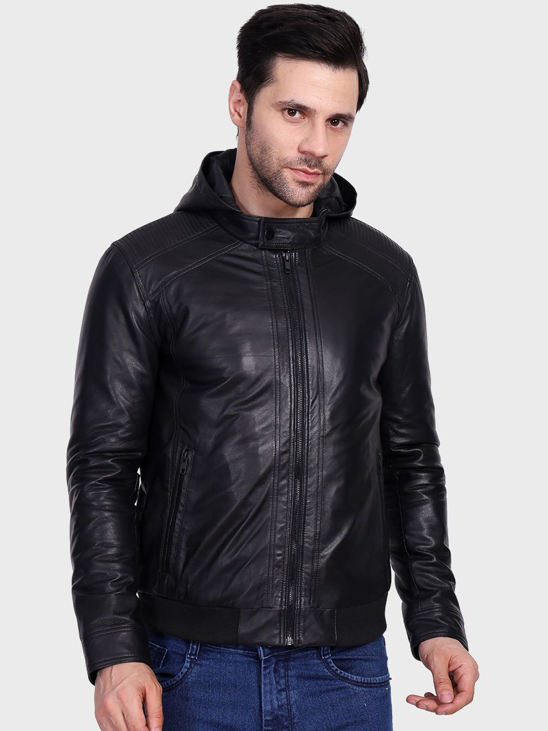 Buy Justanned Hooded Soft Solid Leather Jacket - Jackets for Men