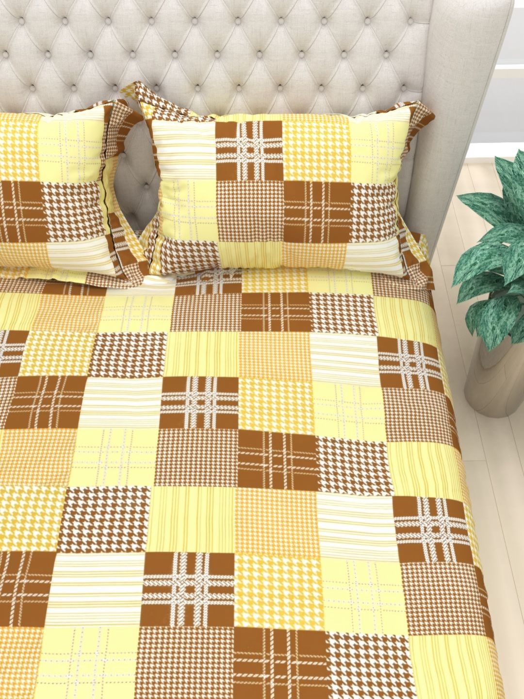 THE WHITE MOSS Yellow & Brown Floral Cotton 3 Piece Single Regular Bedding Set