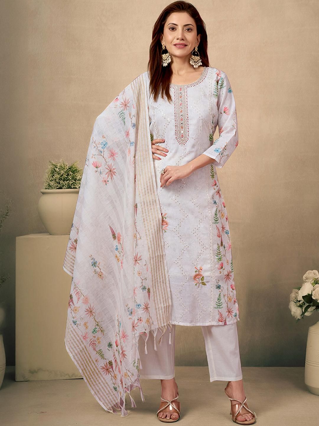 Women Floral Embroidered Regular Sequinned Pure Cotton Kurti with Trousers & Dupatta