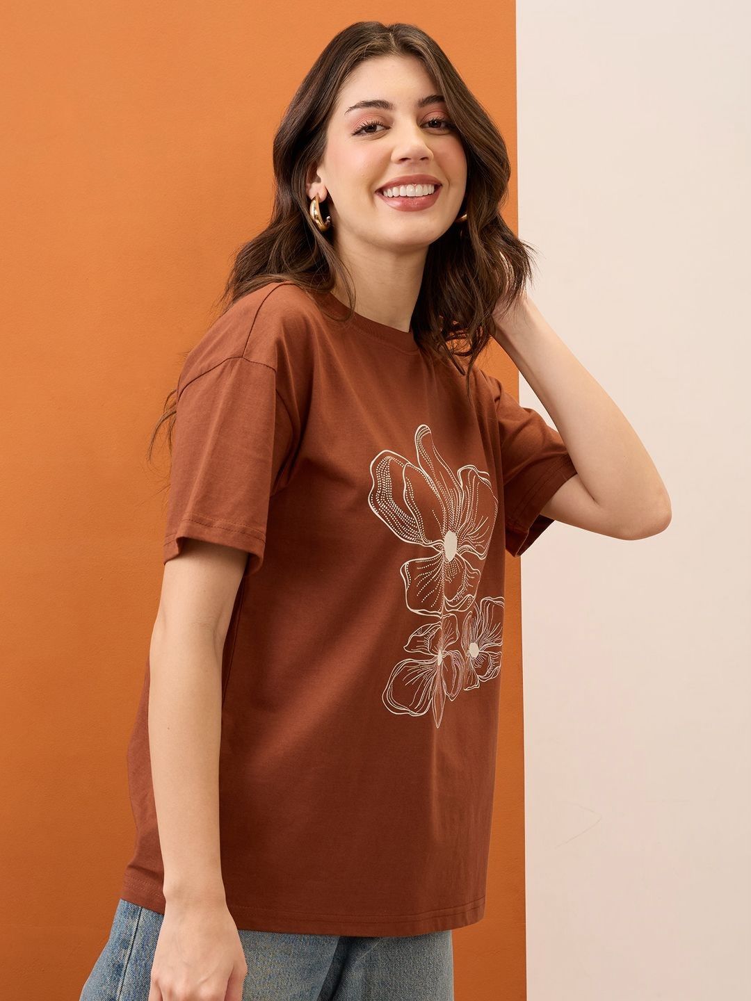 Mast & Harbour Graphic Printed Round Neck Cotton Oversized T-shirt