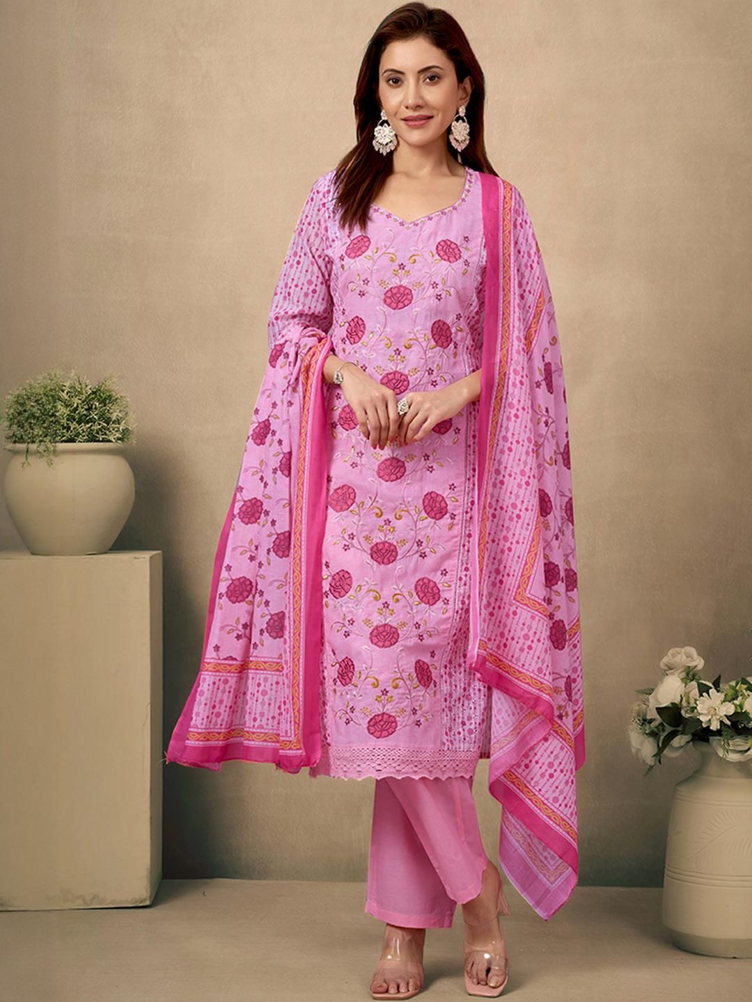 Pink Floral Embroidered Cotton Blend Straight Salwar Suit