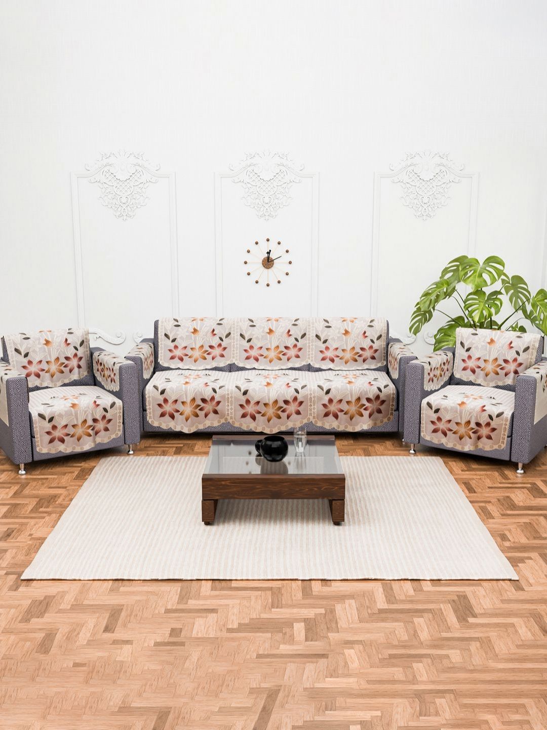 Aura Aura Floral Cotton Quick Dry 16PC Straight 5 Seater Sofa Cover with Arms Cover-69x31In