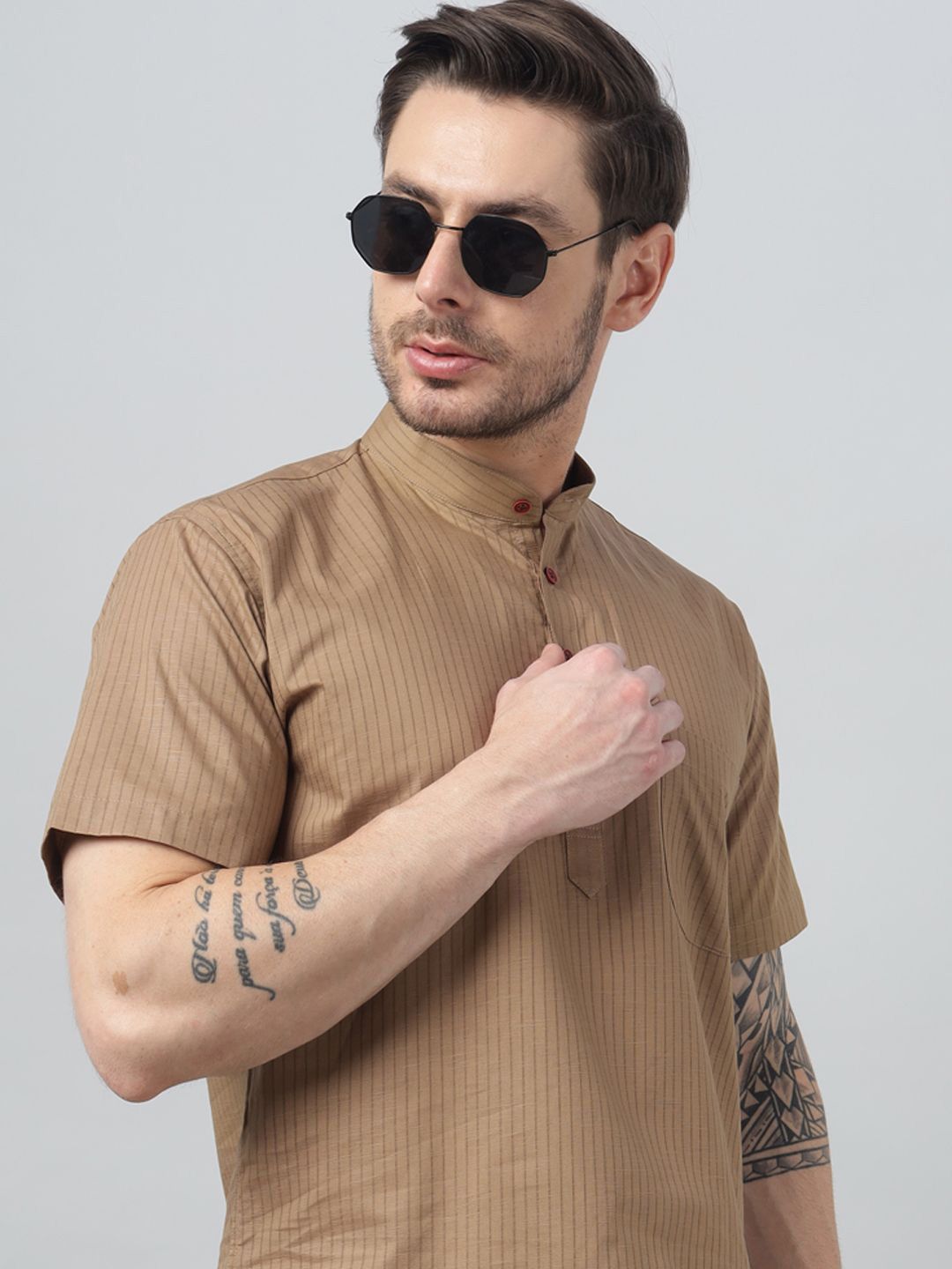 Hancock Striped Band Collar Pure Cotton Straight Kurta