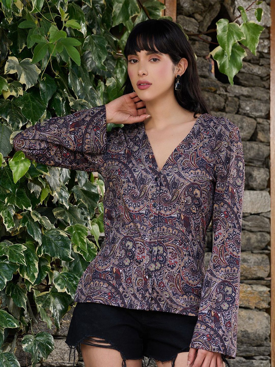 BAESD Paisley Print Bell Sleeves Shirt Style Top