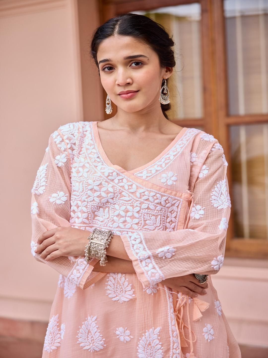 House of Chikankari Women Peach Kota Chikankari Embroidered Kurta