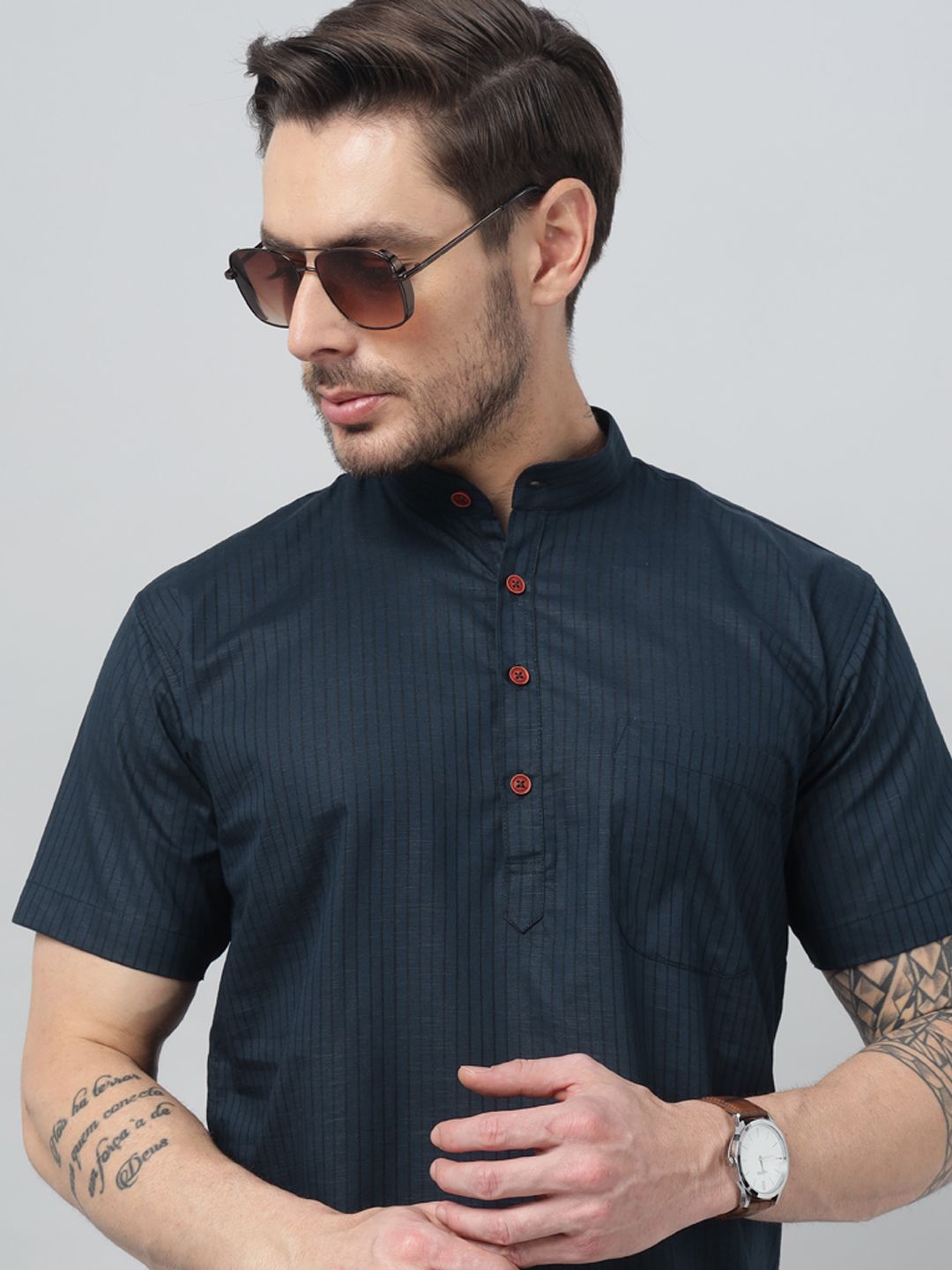 Hancock Striped Band Collar Pure Cotton Straight Kurta