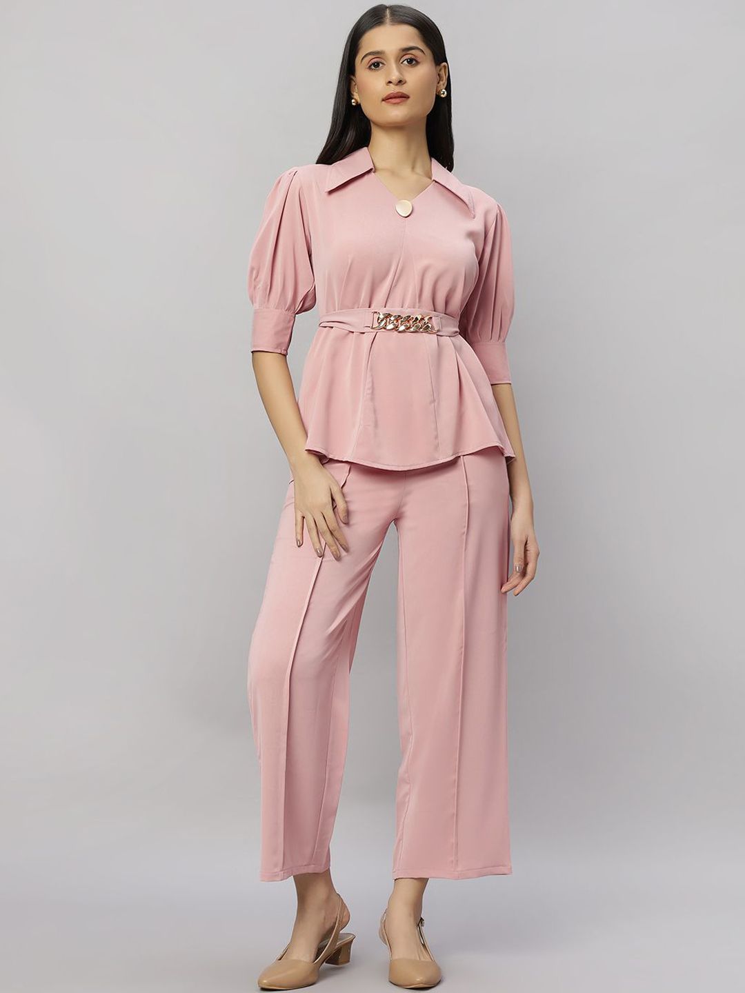 Elara Luxe V Neck Plain Belt Top With Trousers Co-Ords