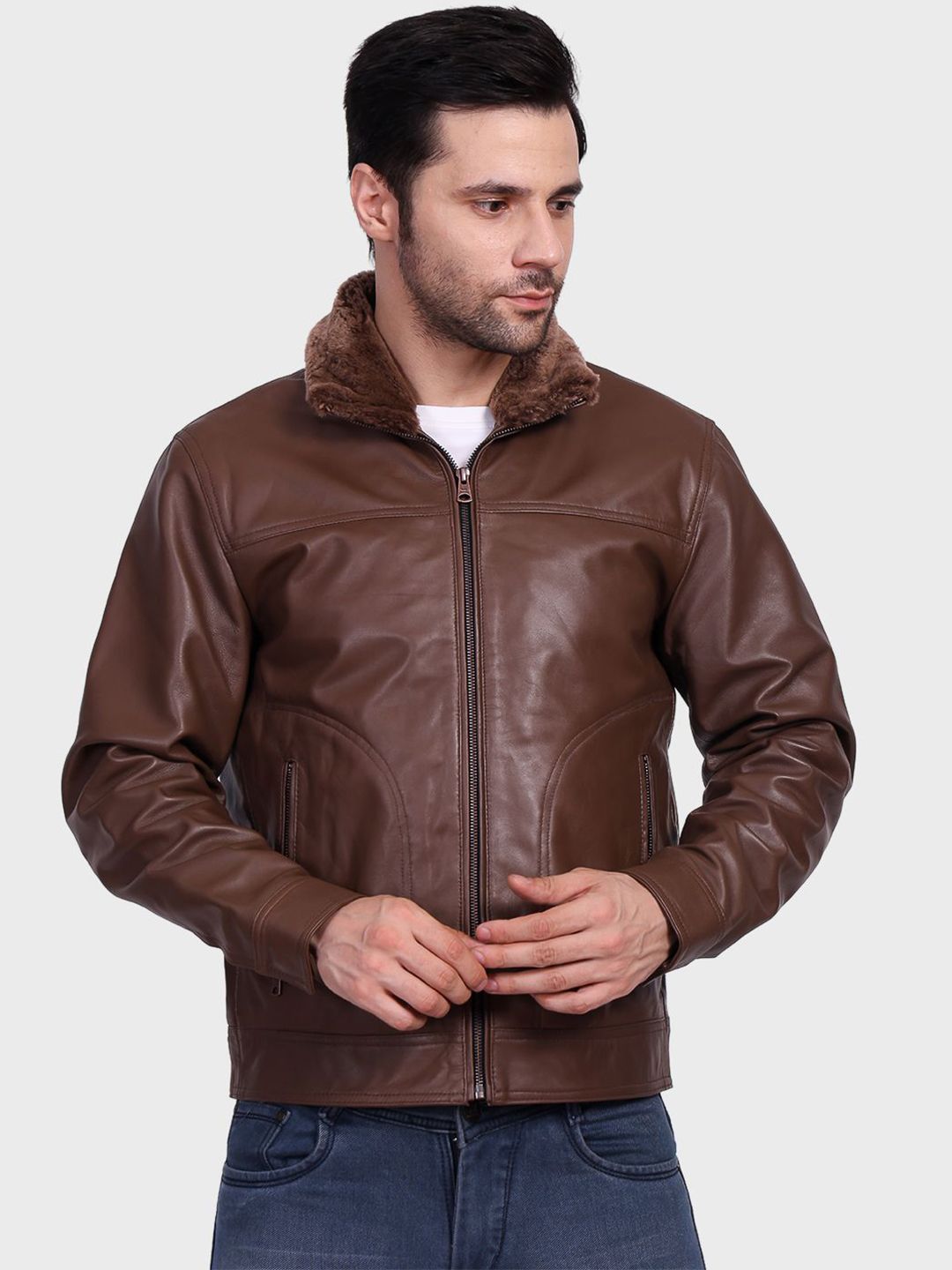 Justanned Alpine Aviator Fur Collar Solid Leather Jacket