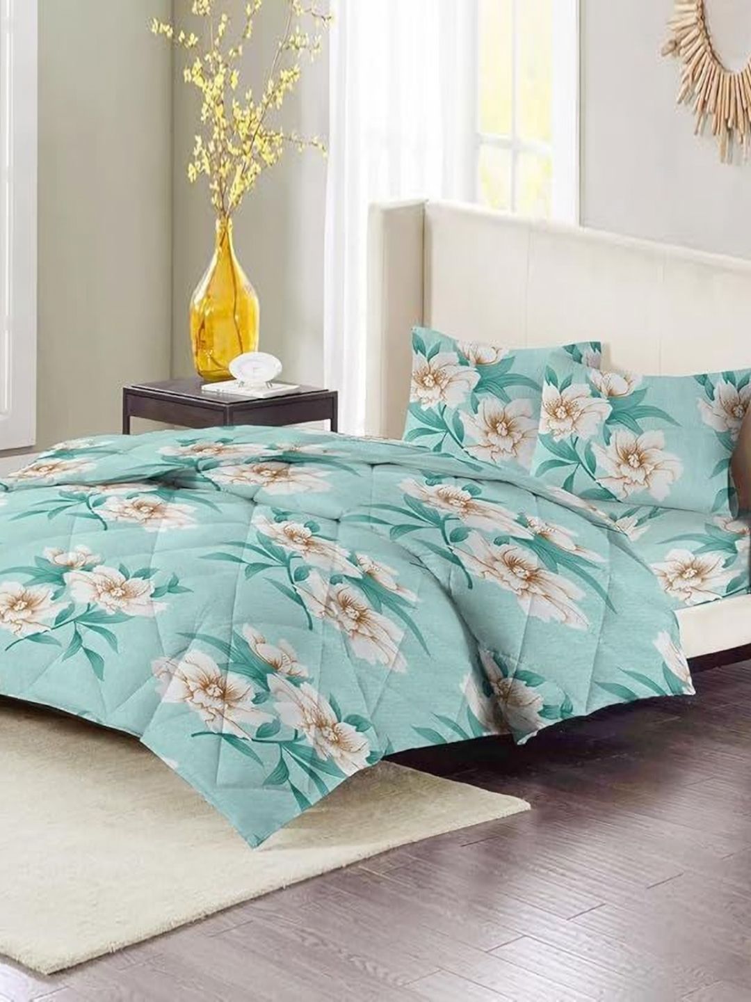 RF RELAXFEEL Sea Green & White Floral Heavy Winter 210 GSM Double Bed Comforter