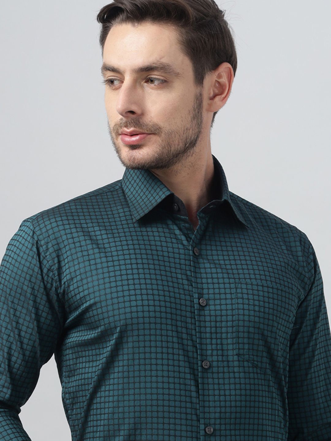 Hancock Men Classic Slim Fit Micro Checked Cotton Stretchable Spread Collar Formal Shirt