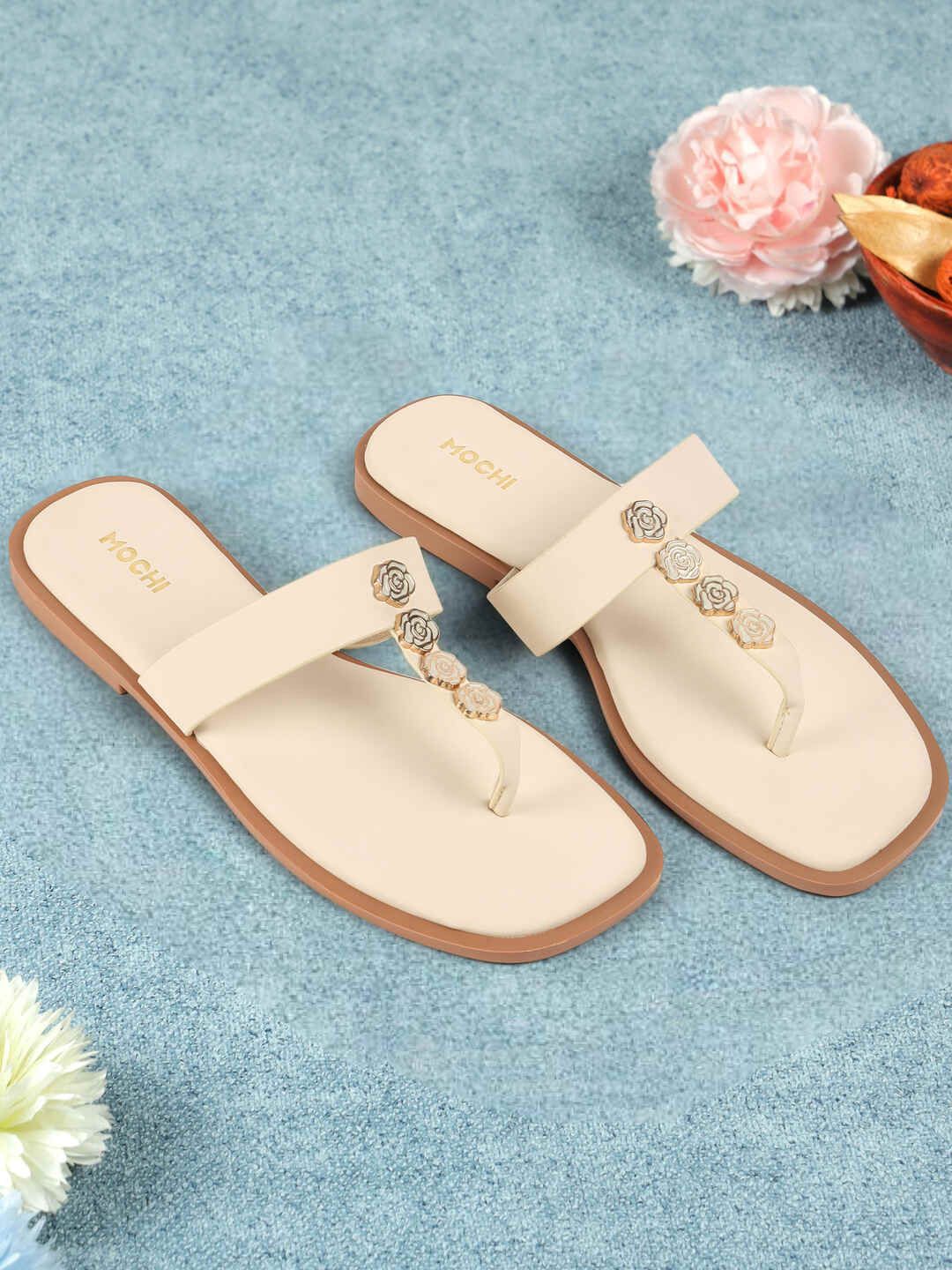 Mochi Women Embellished T-Strap Flats