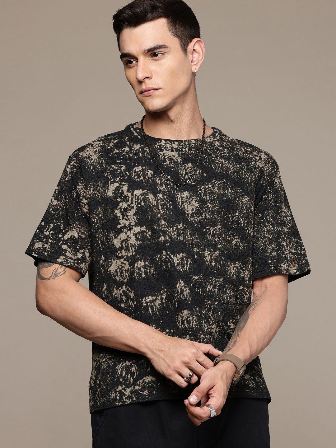 Moda Rapido Washed Effect Tie & Dyed Drop-Shoulder Sleeves Oversized Fit T-shirt