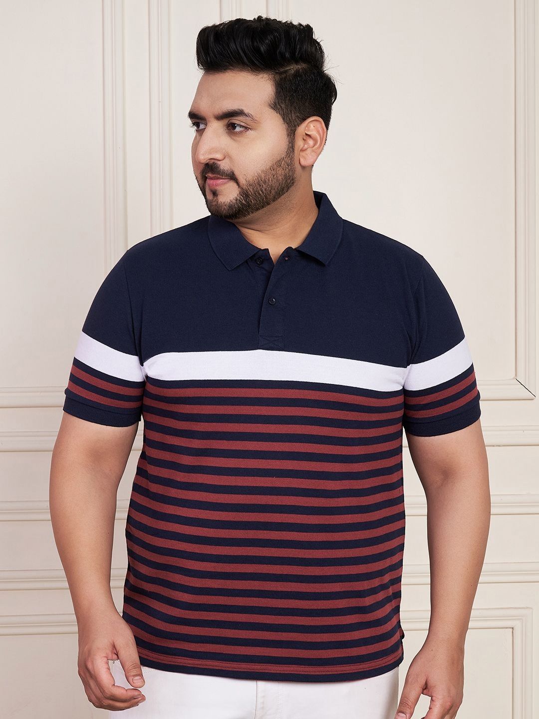 AUSTIVO  Striped Polo Collar Regular Sleeves Cotton Regular Fit Tshirt