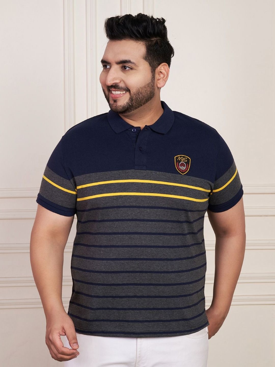 AUSTIVO Striped Polo Collar Applique Regular Fit T-shirt