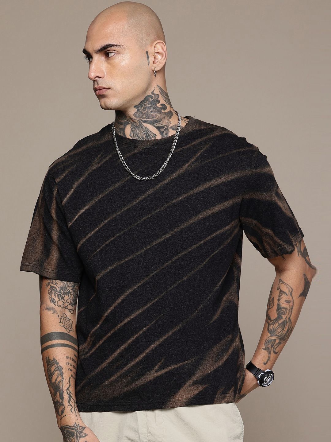 Moda Rapido Washed Effect Tie & Dyed Drop-Shoulder Sleeves Oversized Fit T-shirt