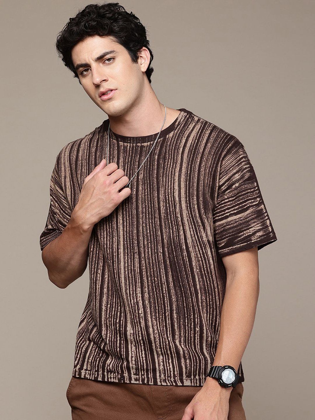 Moda Rapido Striped Round Neck Short Sleeves Oversized Cotton T-shirt