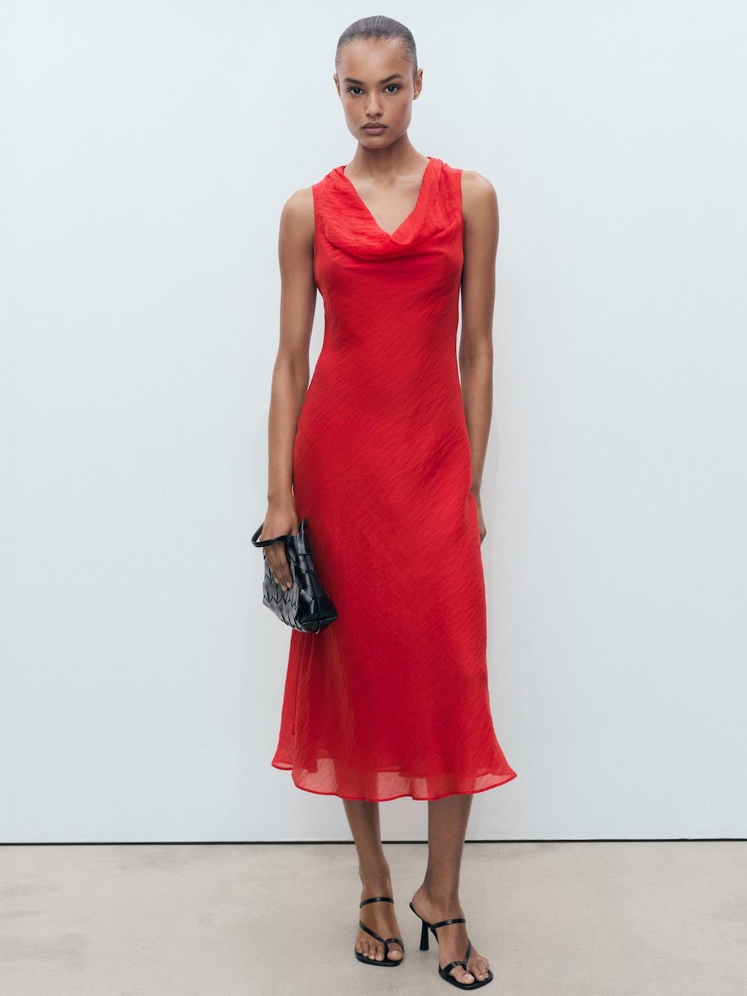 Cowl Neck Sleeveless A-Line Midi Dress