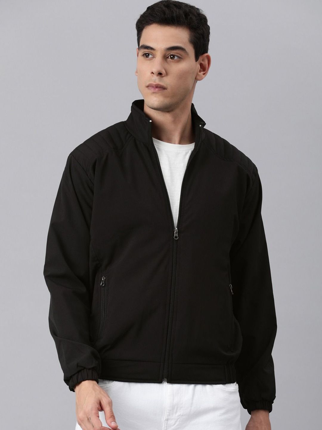 VOXATI Men Solid Windcheater Bomber Jacket