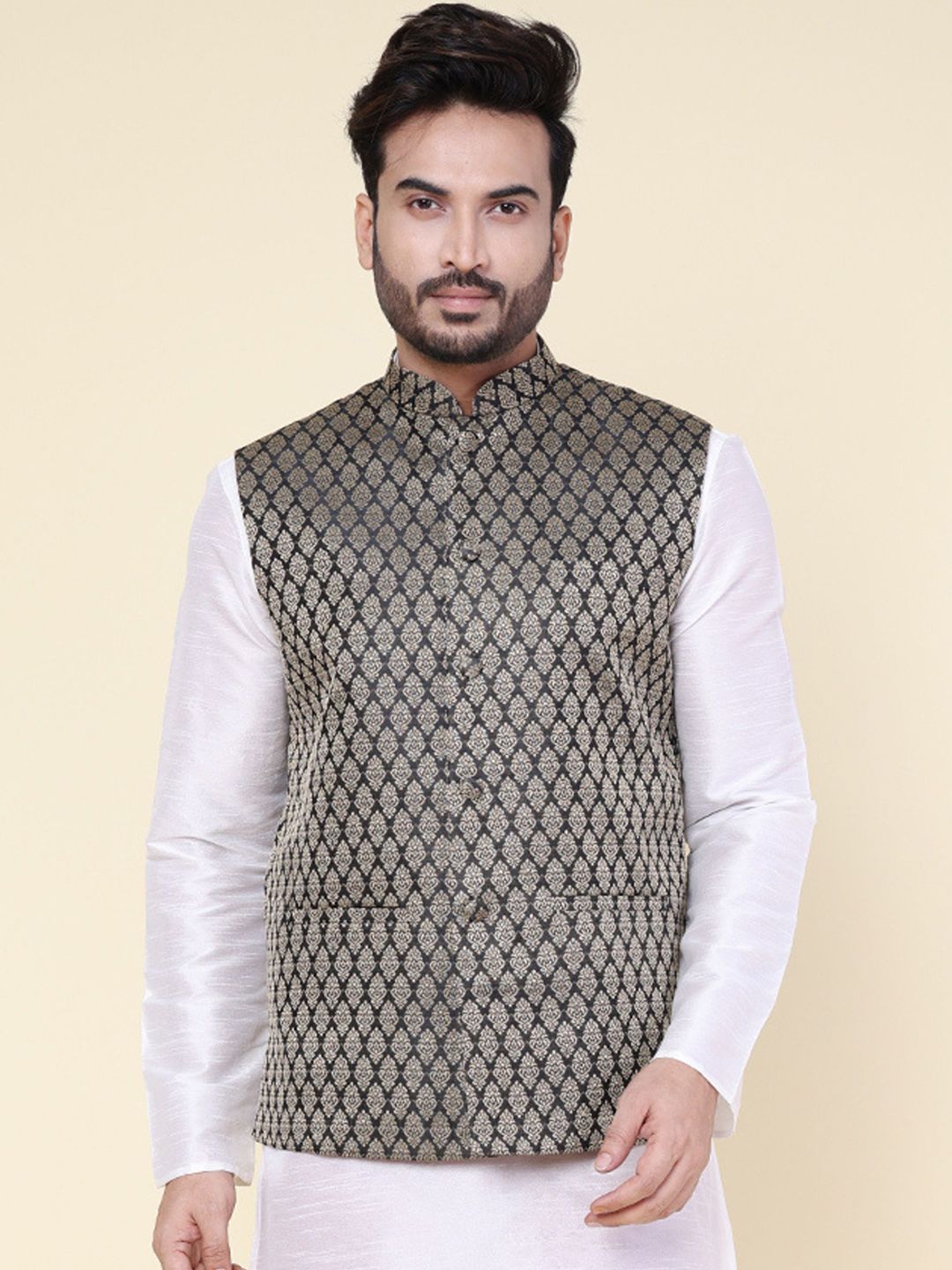 W & G Woven Design Mandarin Collar Nehru Jacket