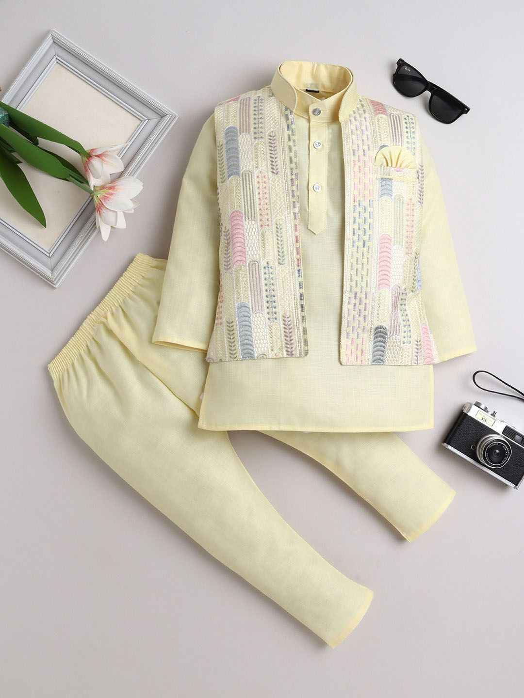 FOURFOLDS Boys Regular Pure Cotton Kurta And Pyjamas with Waistcoat