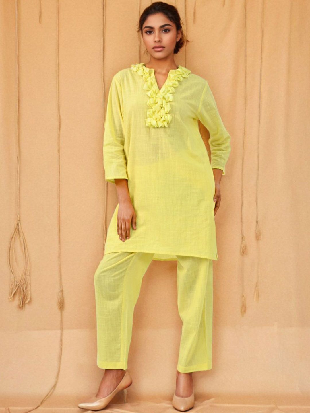 Buy Zolo Label Cotton Linen Lemon Yellow Co-Ord Set - Co-Ords for
