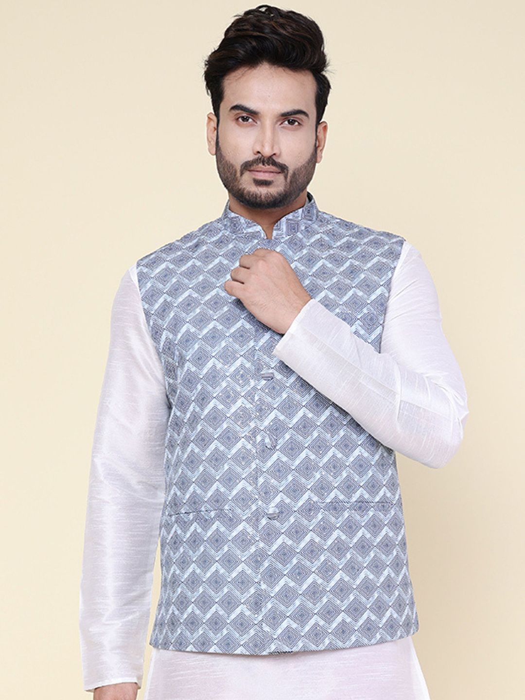 W & G Woven Design Mandarin Collar Nehru Jacket