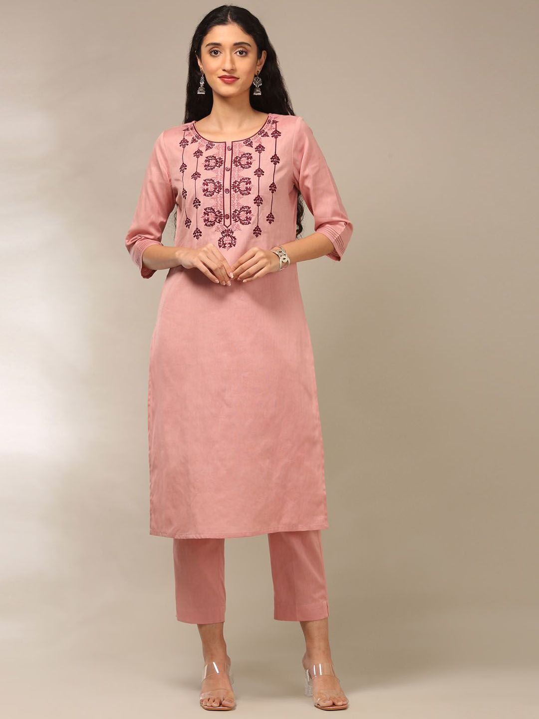 Anouk Floral Embroidered Round Neck Pure Cotton Straight Kurta With Trousers