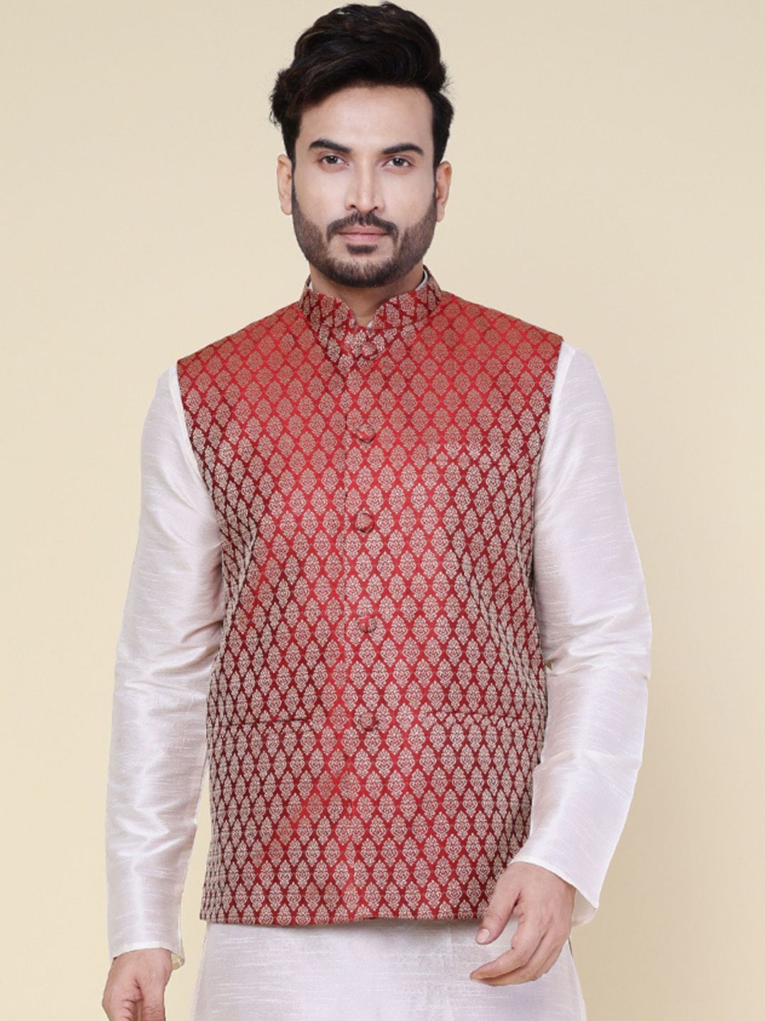 W & G Woven Design Mandarin Collar Nehru Jacket