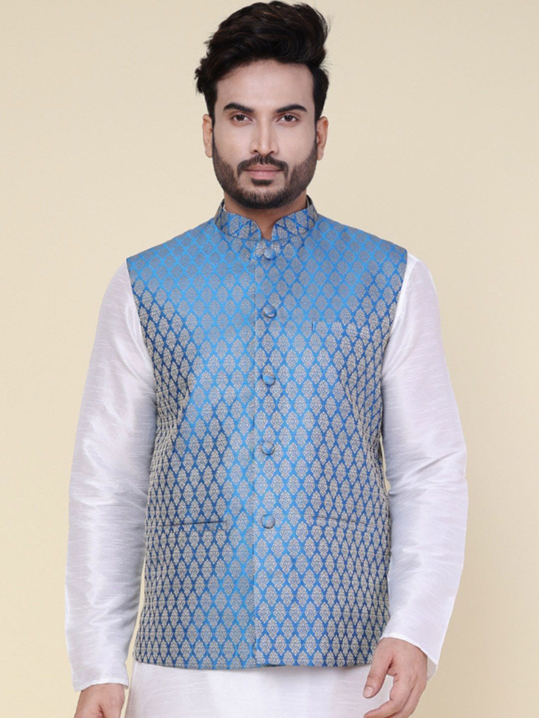 W & G Woven Design Mandarin Collar Nehru Jacket