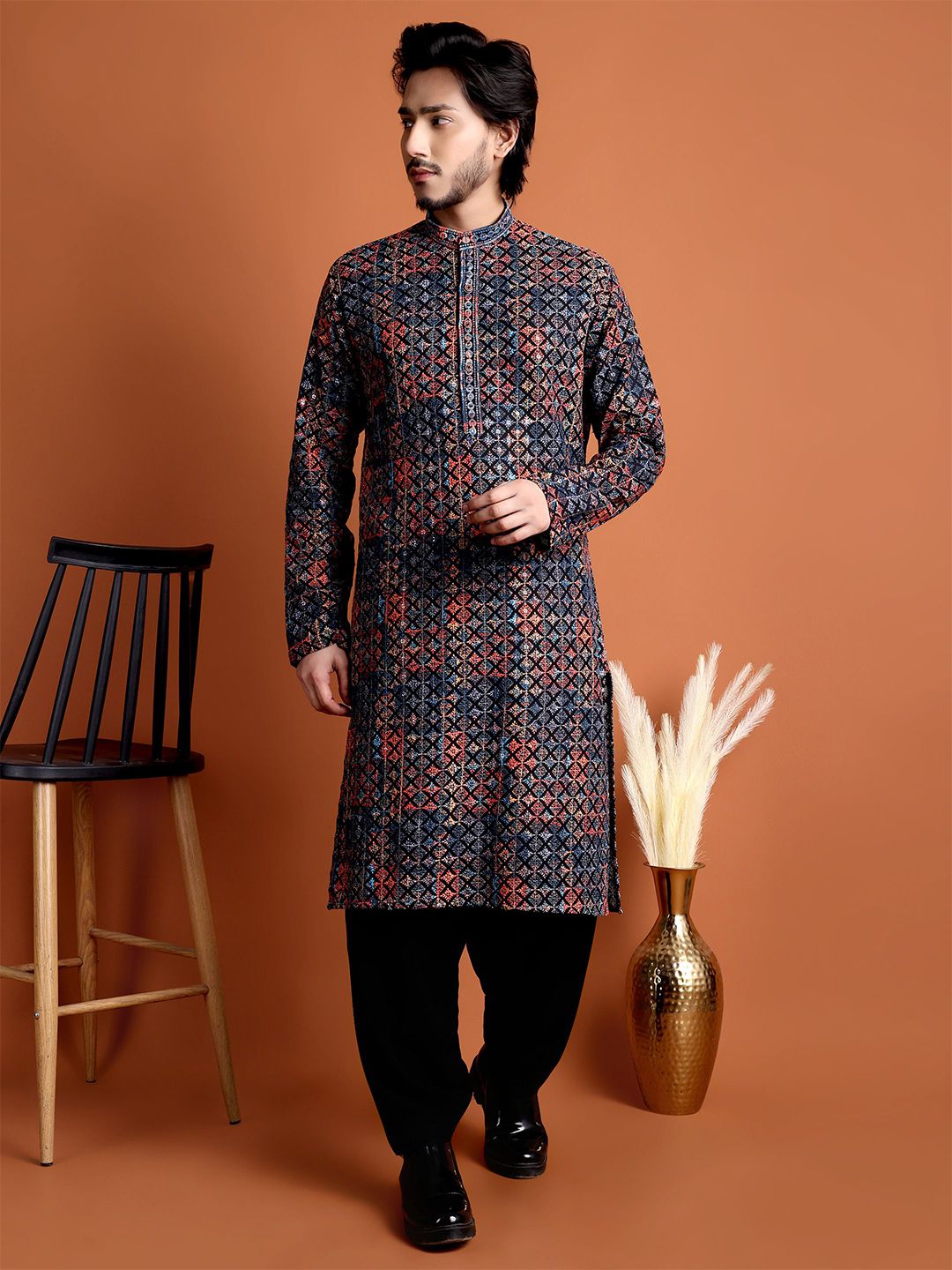 Tibra Men Embroidered Band Collar Kurta