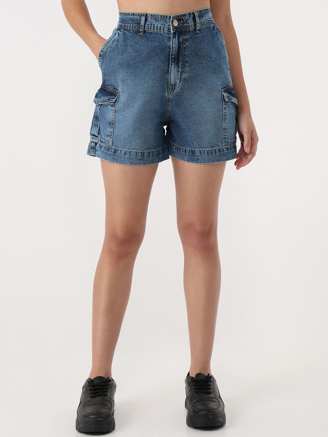 Kraus Jeans Women Washed Slim Fit High-Rise Cargo Shorts