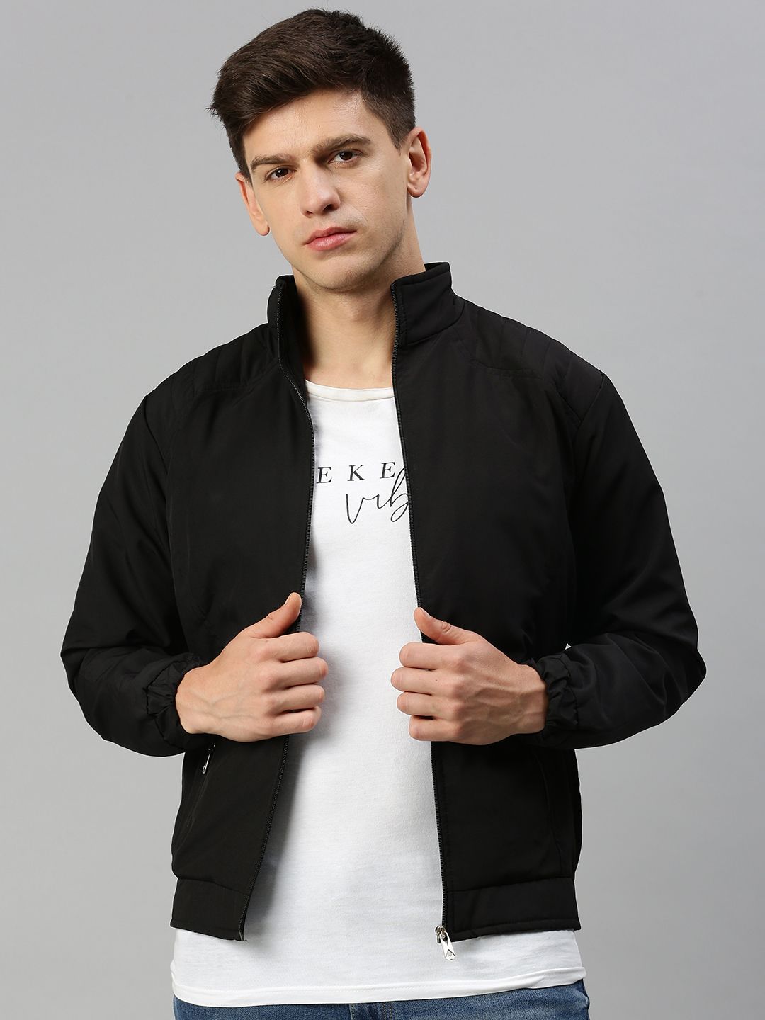 VOXATI Men Stand Collar Open Front Jacket