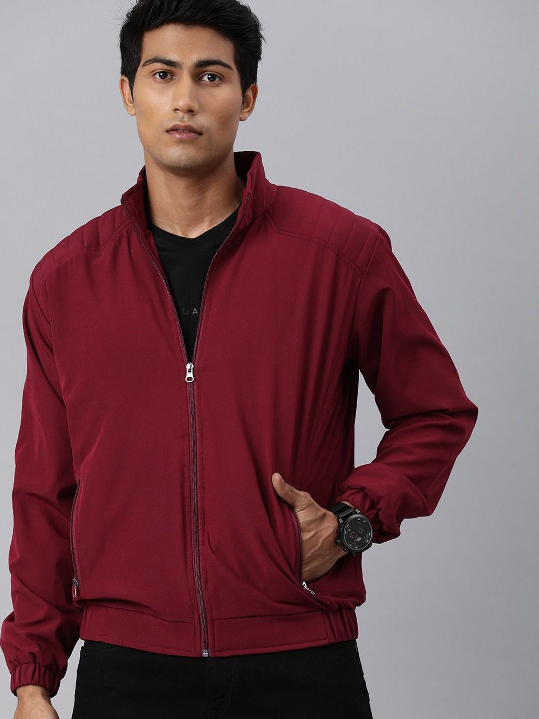 VOXATI Men Solid Mock Collar Bomber Windcheater Jacket