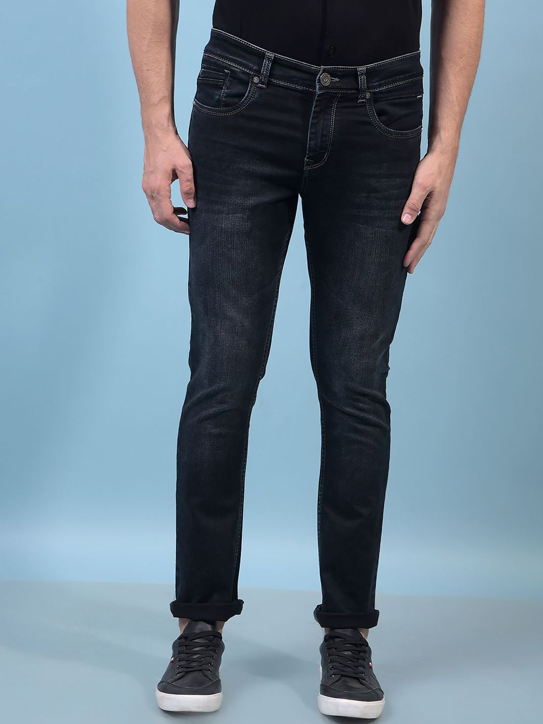 Crimsoune Club Men Slim Fit Mid-Rise Heavy Fade Stretchable Clean Look Dark Shade Jeans