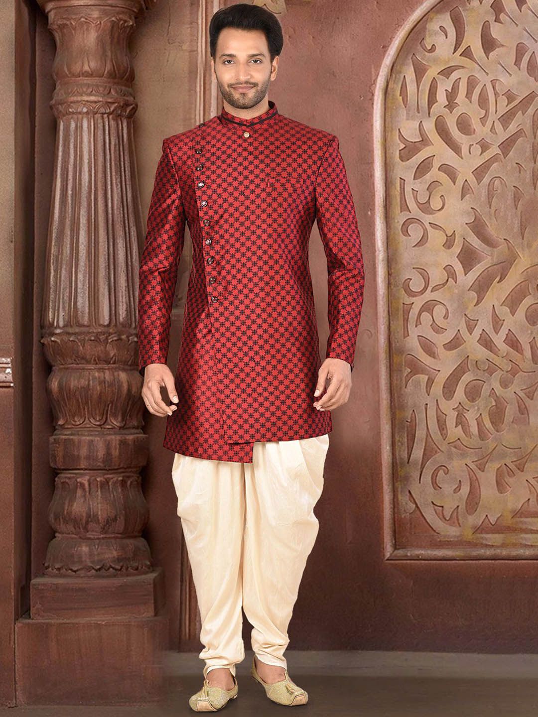 RANAK Self Design Mandarin Collar Sherwani Set