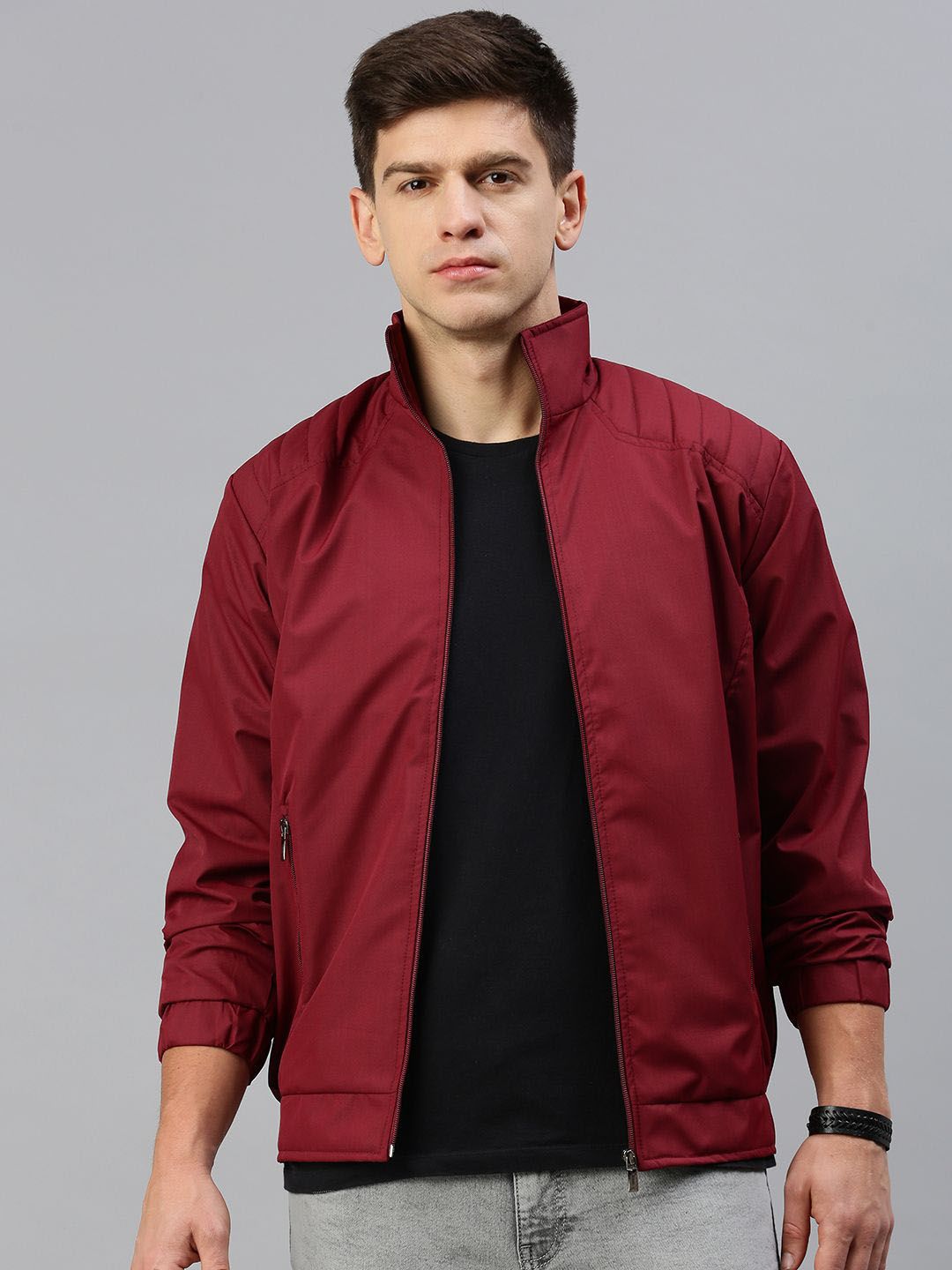 VOXATI Men Solid Windcheater Bomber Jacket