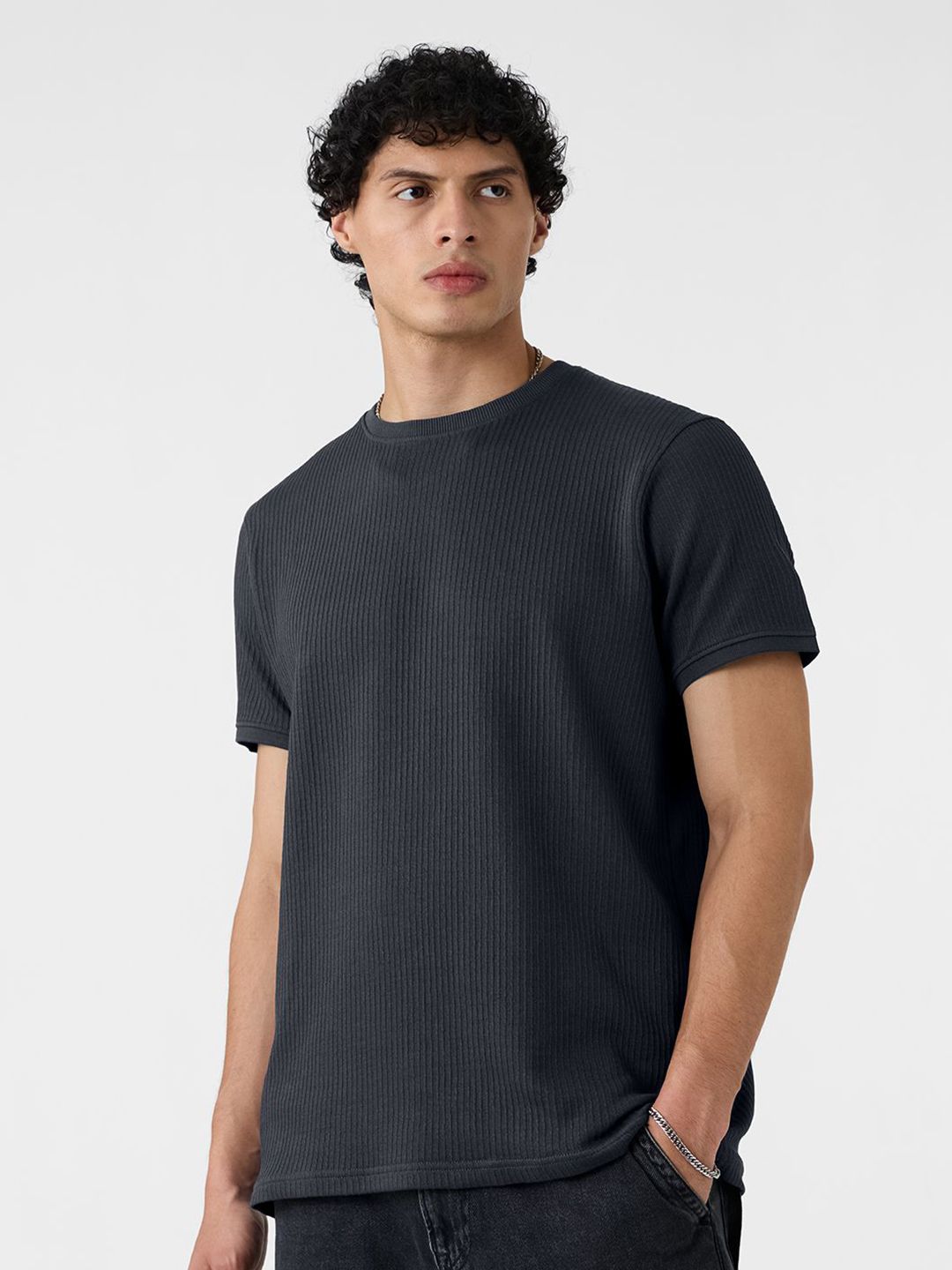 The Souled Store Charcoal Men Round Neck Solid Regular Fit T-Shirts