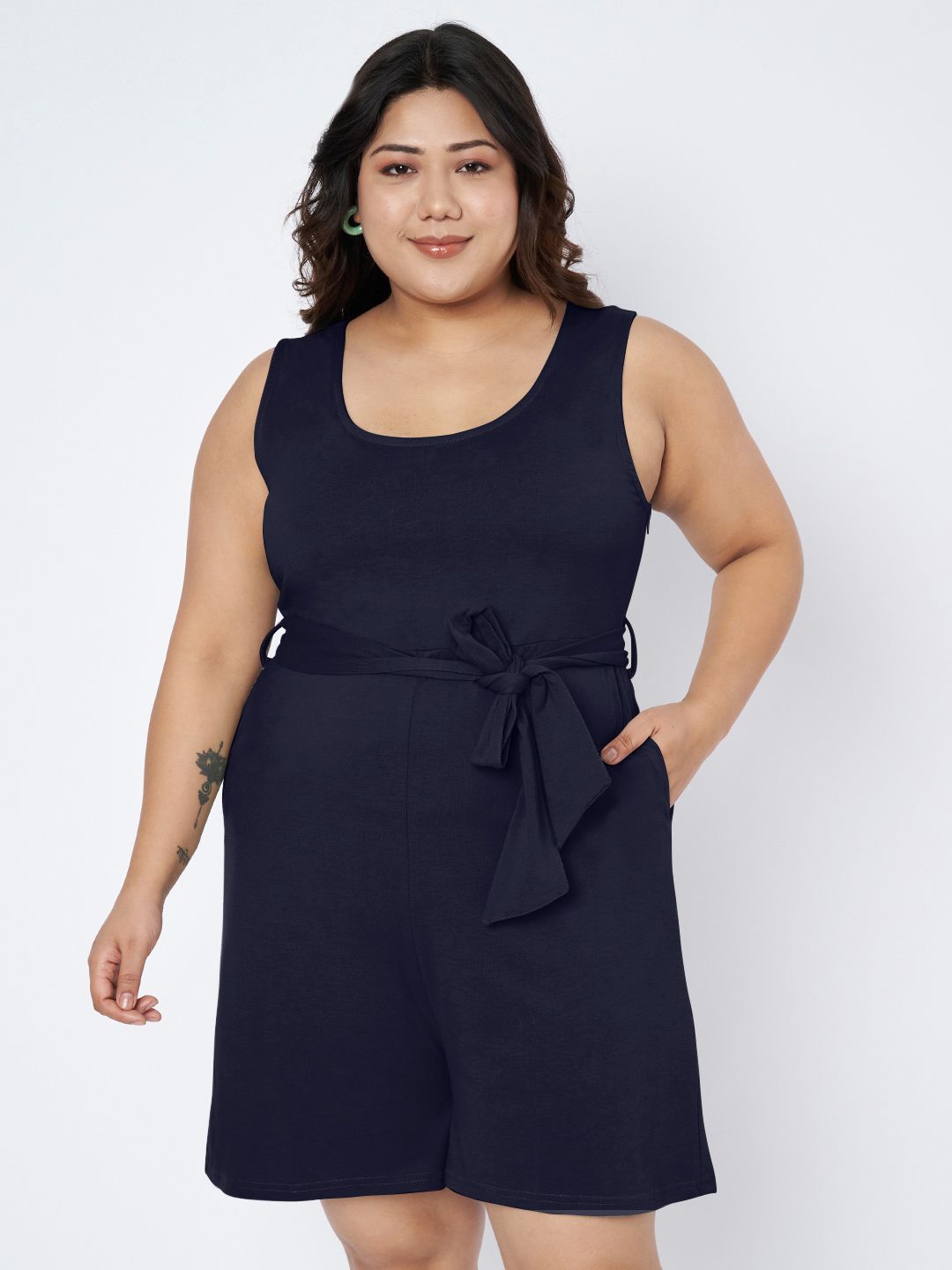 BRINNS Plus Size Round Neck Sleeveless Pure Cotton Playsuit With Waist Tie-Ups