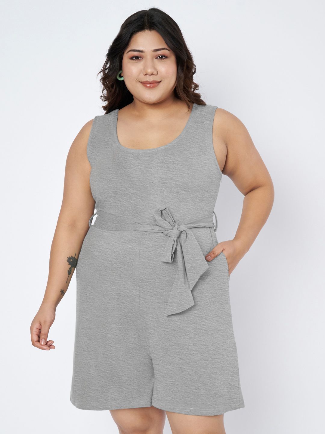 BRINNS Plus Size Round Neck Sleeveless Waist Tie-Ups Pure Cotton Playsuit