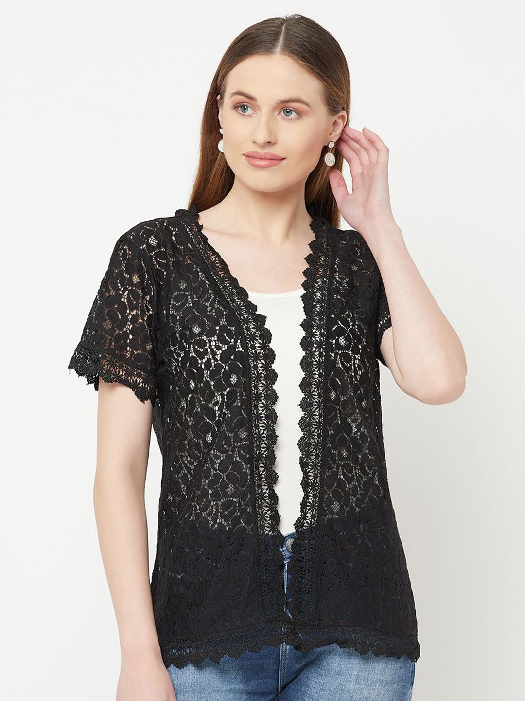 The Roadster Lifestyle Co Floral Self Design V-Neck Front Open Shrug