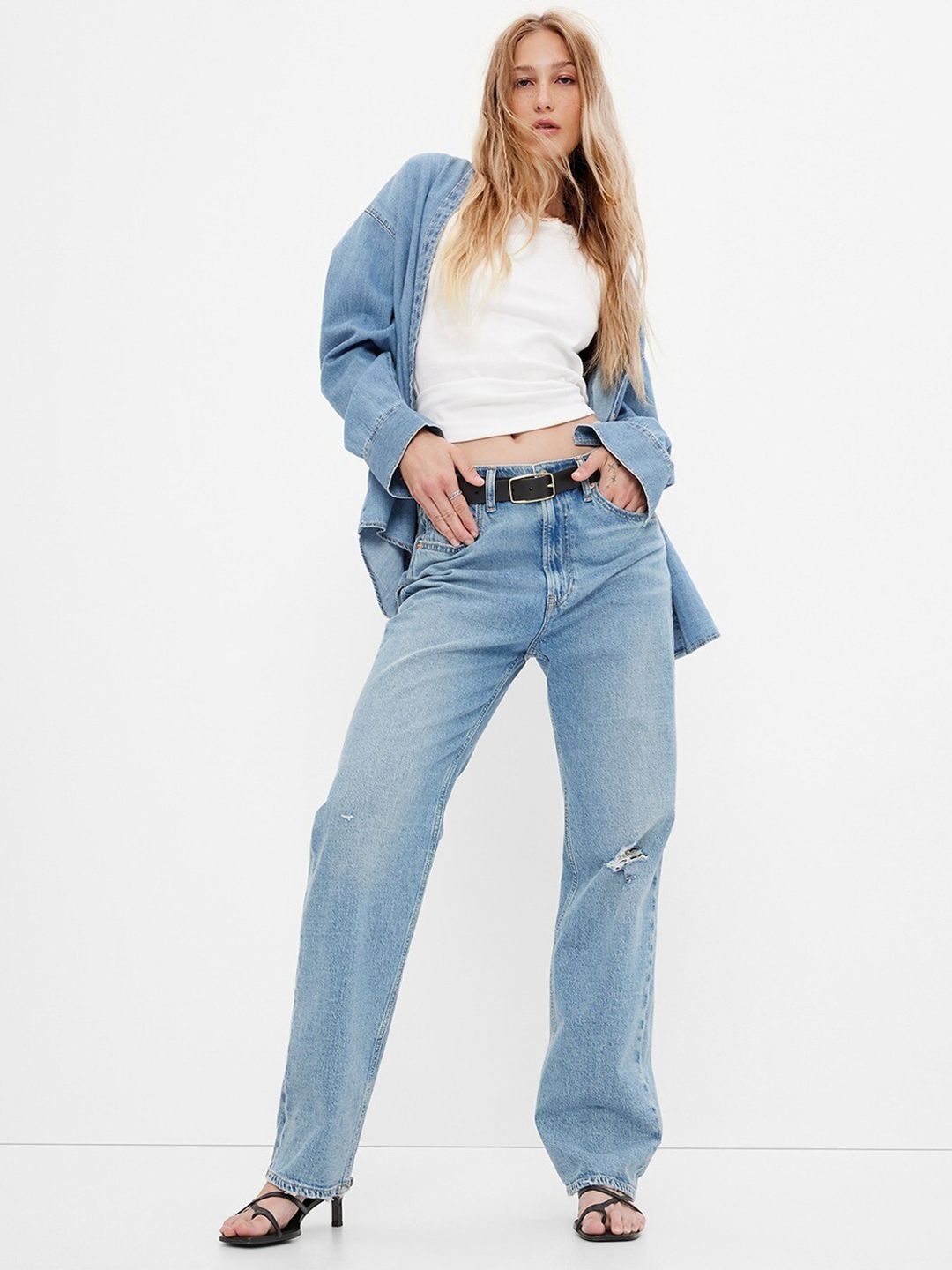 High-Rise Slash Knee Light Fade Stretchable Loose Fit Jeans