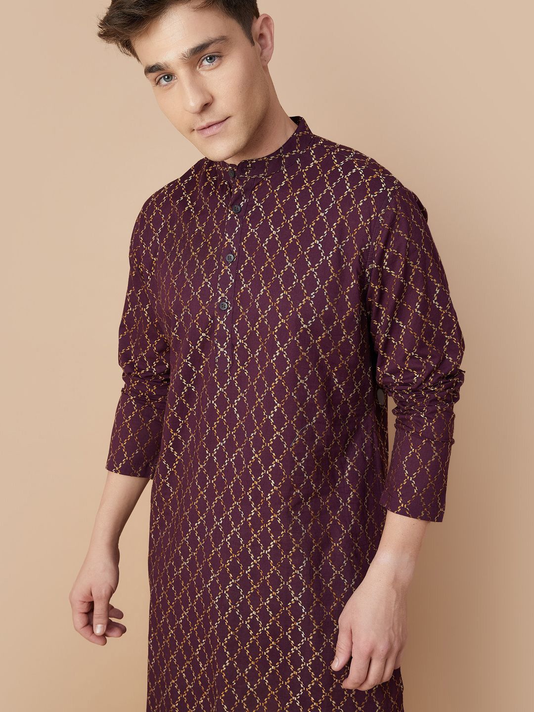 Melange by Lifestyle Geometric Embroidered Thread Work Band Collar Cotton Straight Kurta