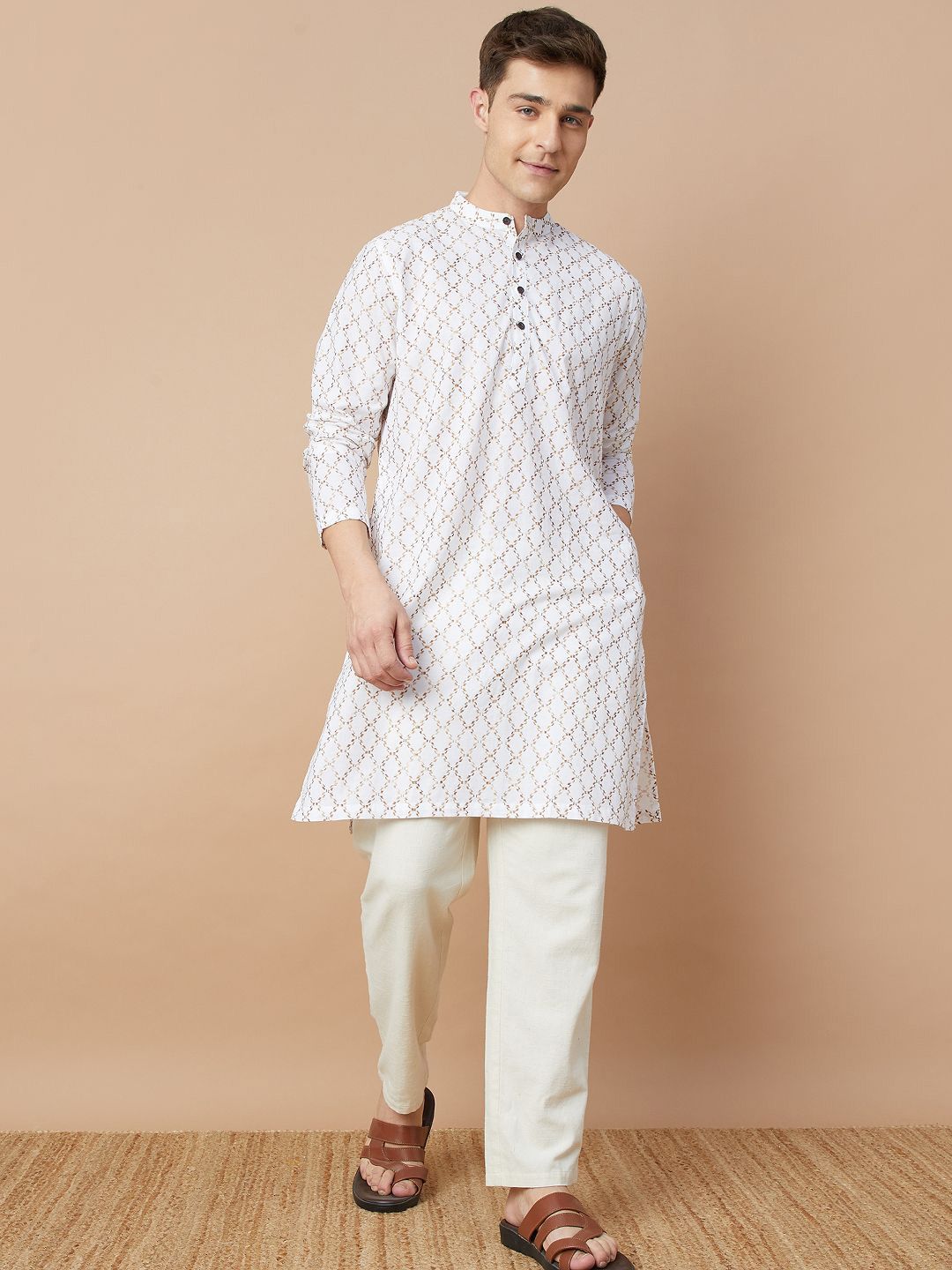 Melange by Lifestyle Geometric Embroidered Thread Work Band Collar Cotton Straight Kurta