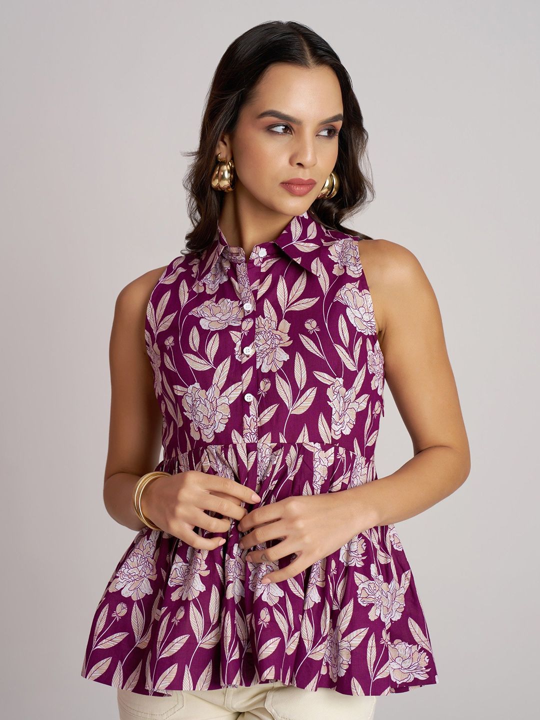 Buy Purple Floral Print Shirt Collar Sleeveless Peplum Top - Tops