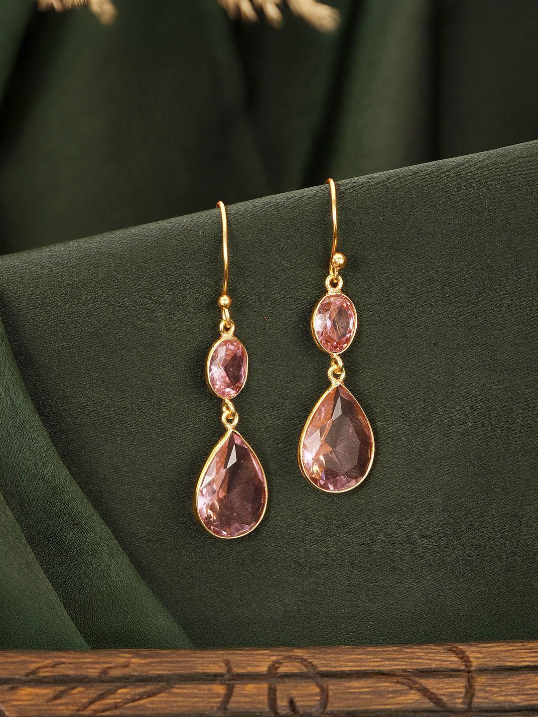 SARAF TRENDZ Gold-Plated American Diamond Studded Teardrop Shaped Drop Earrings