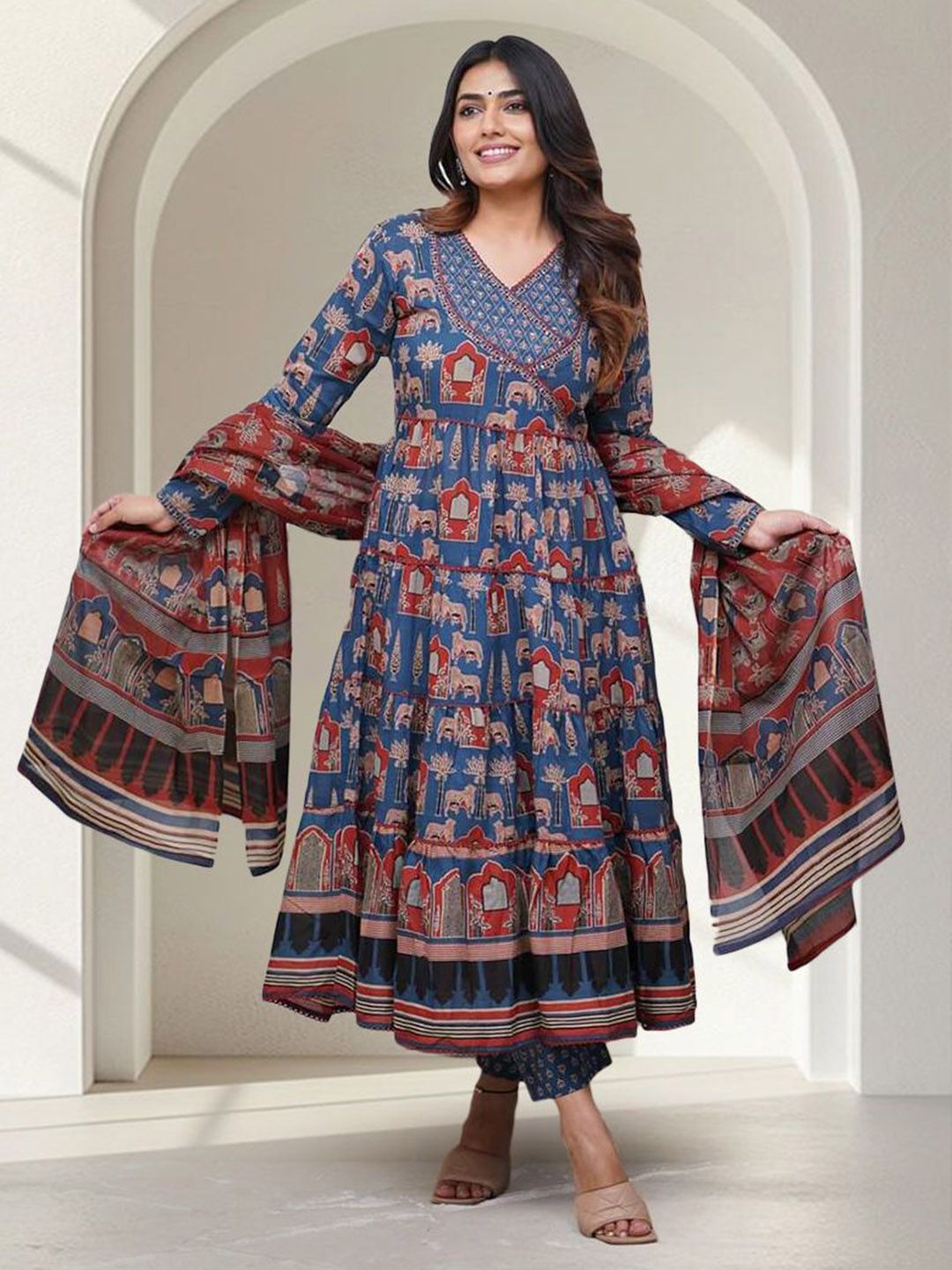 Rang by Indya Rang by Indya Ethnic Motifs Printed Angrakha Pure Cotton Kurta With Trousers & Dupatta